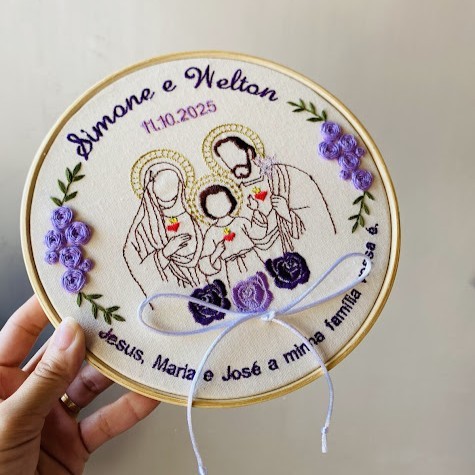 Porta Aliança Casamento Bordado Sagrada Família Personalizado
