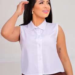 camisa social femenino sem manga com botao transparente