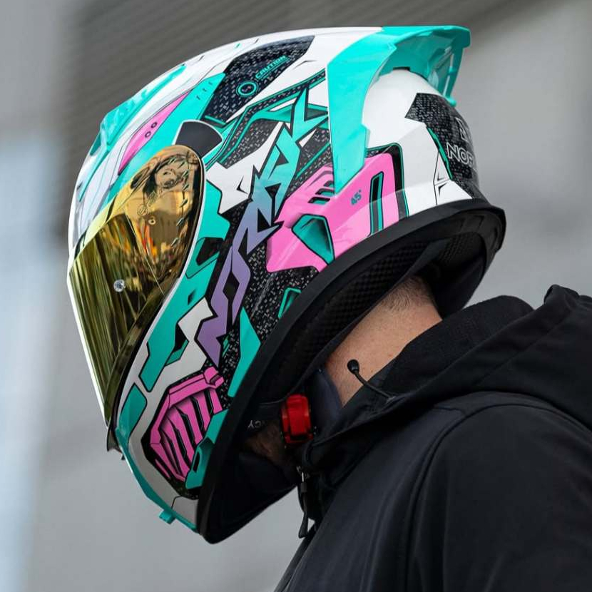 Capacete Norisk Flow Robot Branco Rosa Feminino C/ Viseira Transparente Viseira Azul Aerofólio
