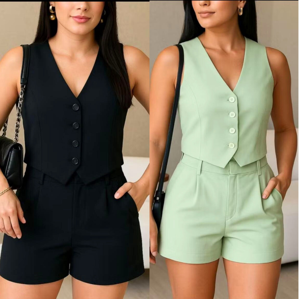 CONJUNTO FEMININO LUXO  COLETE + SHORTS   TENDENCIA 2026 em Oferta na Shopee