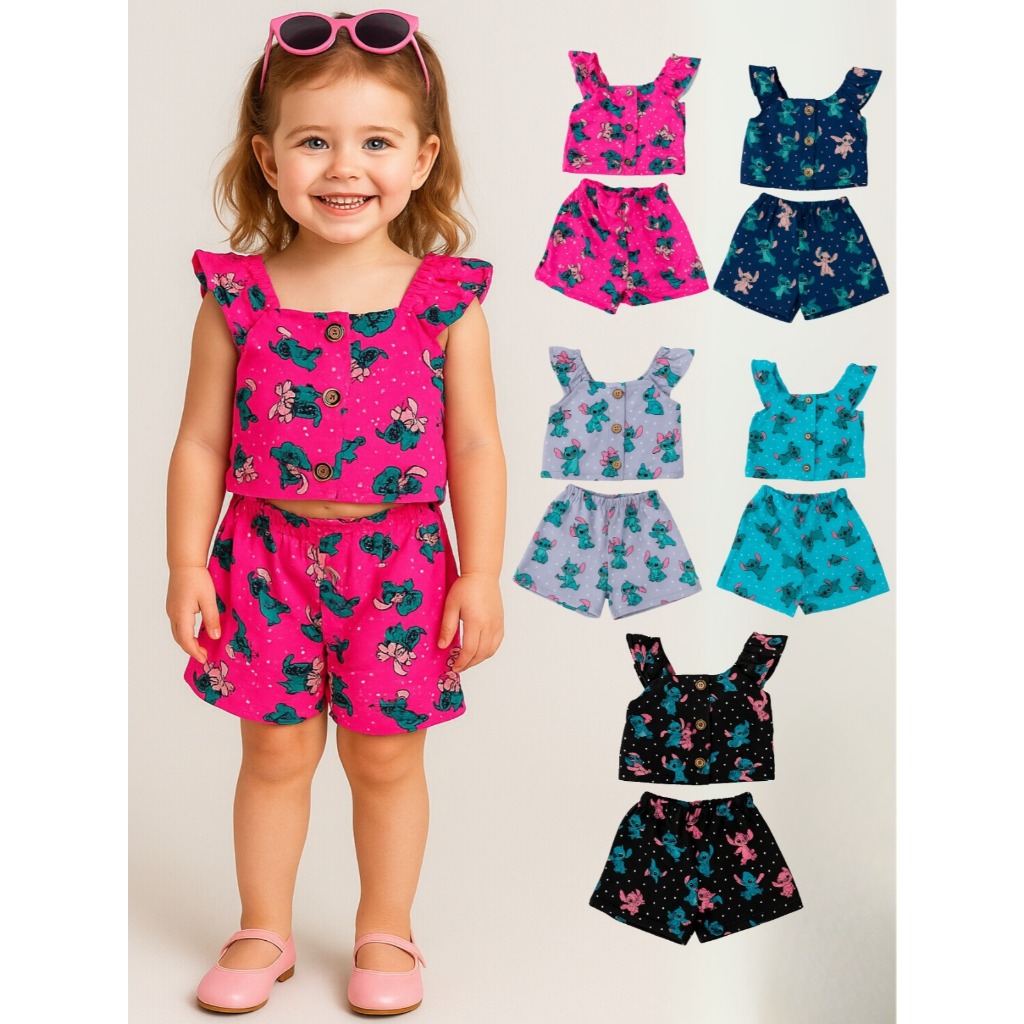 4 Conjunto Infantil Stitch Short Blusinha Babado Tecido Confortável Tamanhos 2 4 6 8