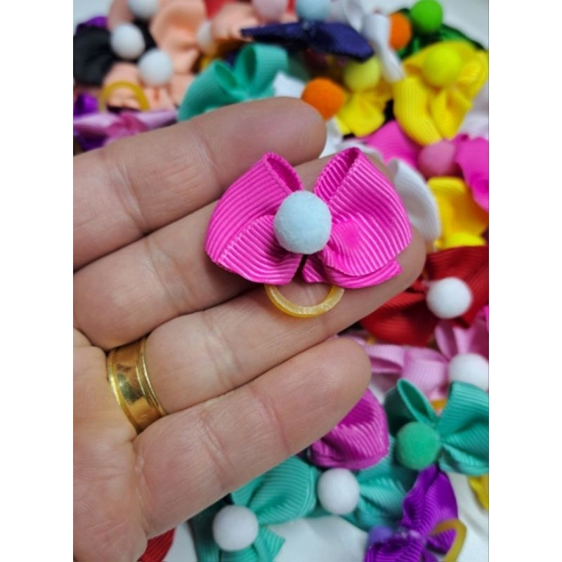 10 Laços Pet Medio Gorgurão Pompom Banho Tosa Cães