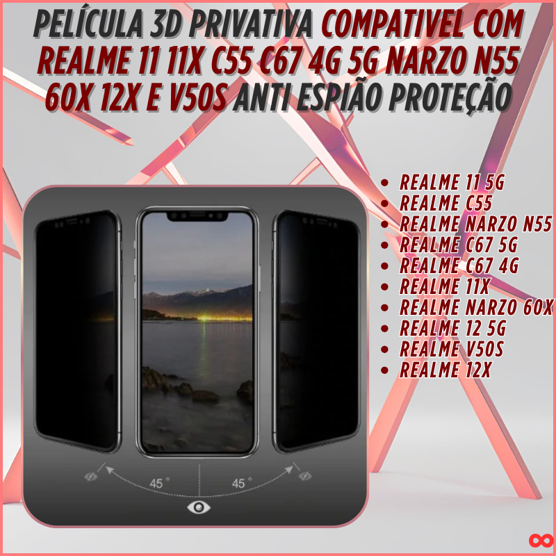 Película 3D Privativa Realme 11 11X C55 C67 125G 12X Narzo N55 60X V50s Anti-espionagem Full Cover 📱