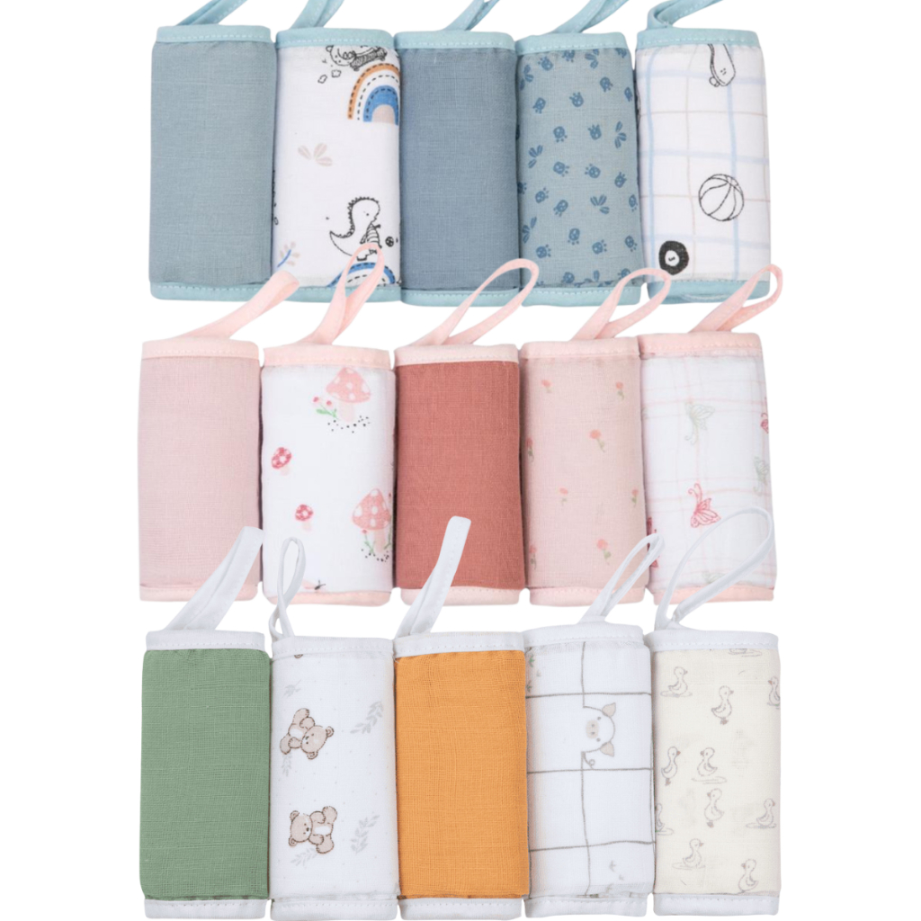 Kit 5 Panos de Boca com Prendedor de Chupeta Papi Soft 100% Algodão | Estampa Dino e Cogumelo em Oferta na Shopee