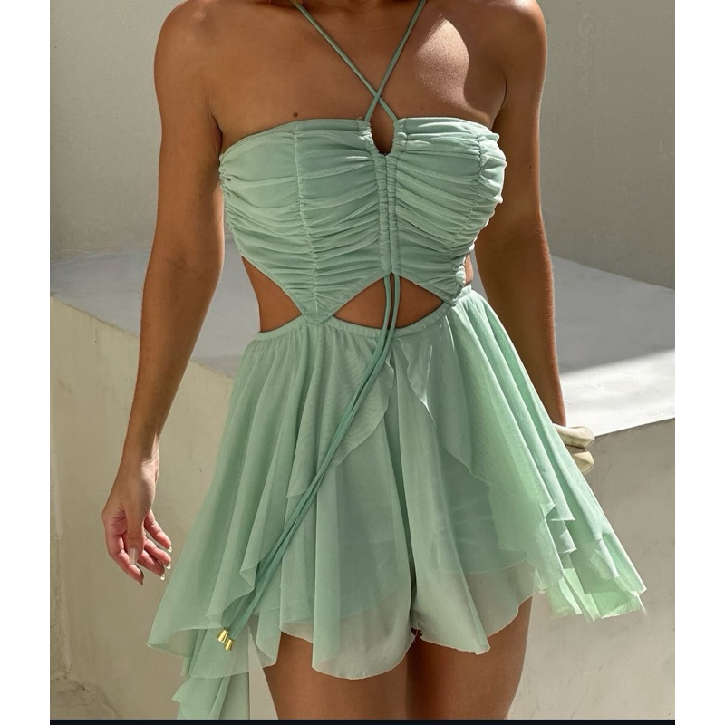 Vestido Macaquinho Feminino Elegante Tule Premium com Caimento Leve e Fluido Drapeados Frontais Amarração no Pescoço em Oferta na Shopee