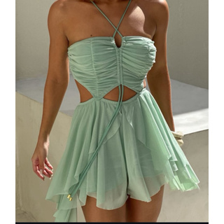 Vestido Macaquinho Feminino Elegante Tule Premium com Caimento Leve e Fluido Drapeados Frontais Amarração no Pescoço em Oferta na Shopee