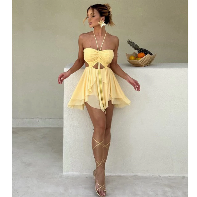 Vestido Macaquinho Feminino Tule Premium com Caimento Leve e Fluido Detalhes Drapeados Frontais Amarração no Pescoço — imagem 1