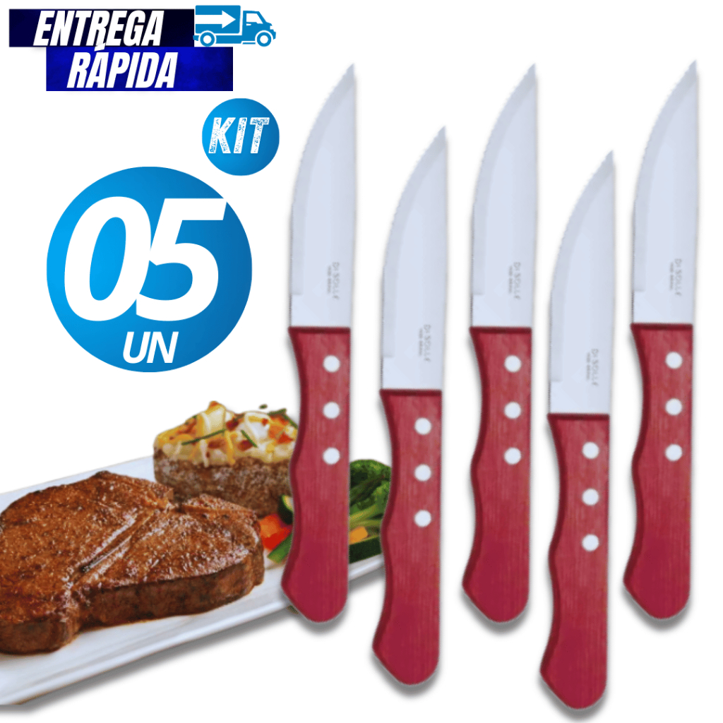 Kit 05/04/03/02 Peças Facas Inox Premium de churrasco cabo madeira Outback inox 24,5cm Serra Variáveis Utilidades