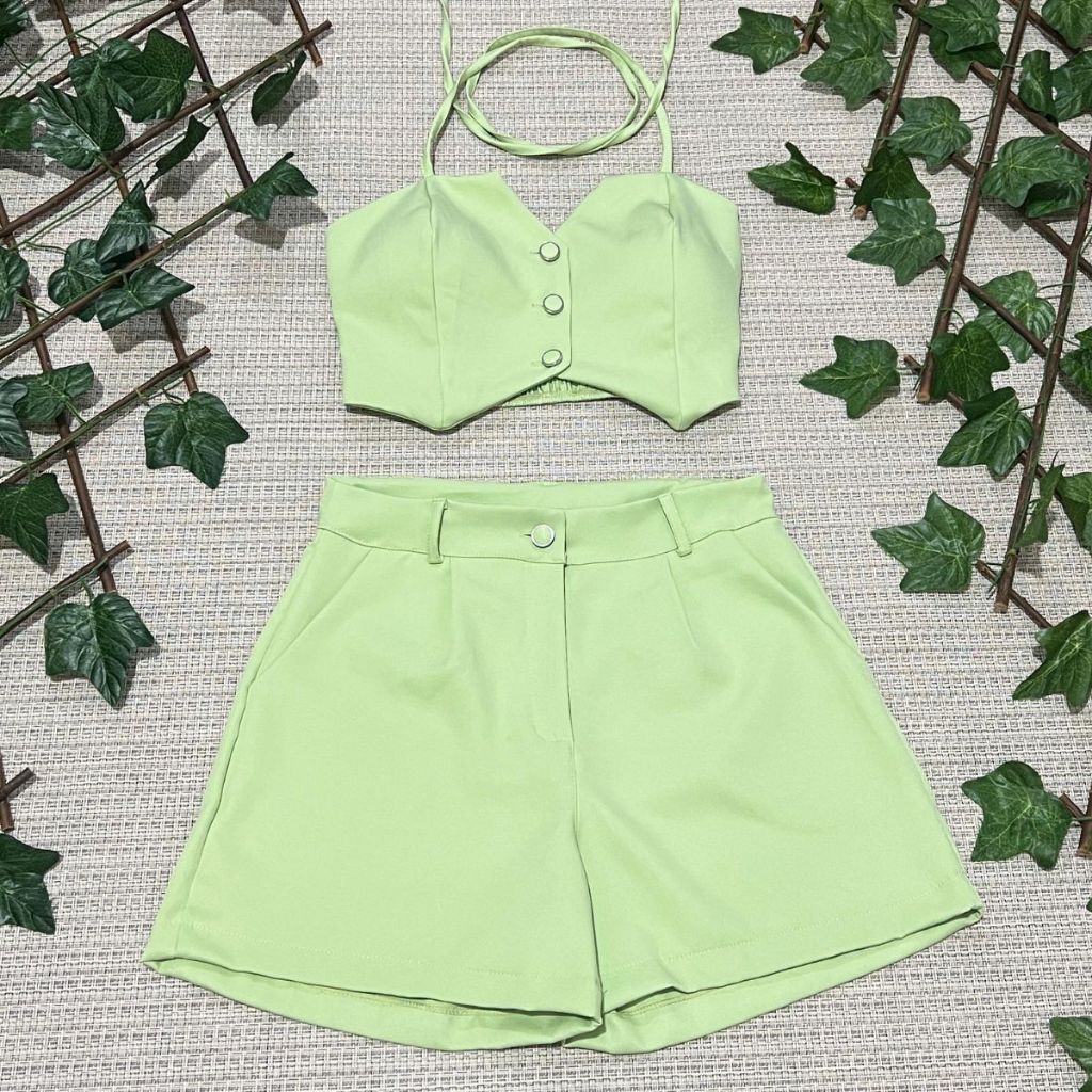 Conjunto feminino alfaiataria simples casual tecido cropped 3 botões com short diário moda verão em Oferta na Shopee
