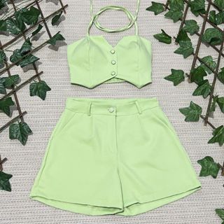 Conjunto feminino alfaiataria simples casual tecido cropped 3 botões com short diário moda verão em Oferta na Shopee