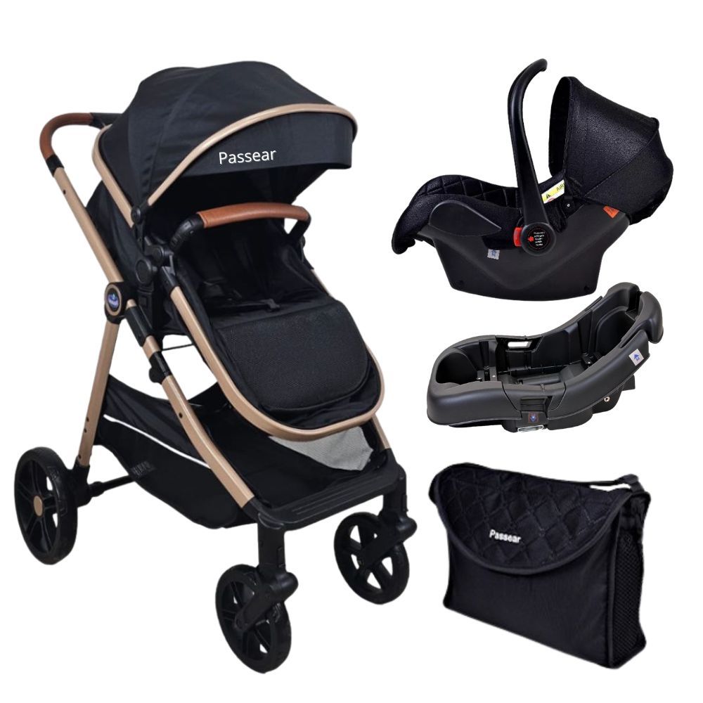 Carrinho de Bebê Travel System Europeu 6 em 1 Berço Moisés Passeio Apolo Preto com Cobre Passear