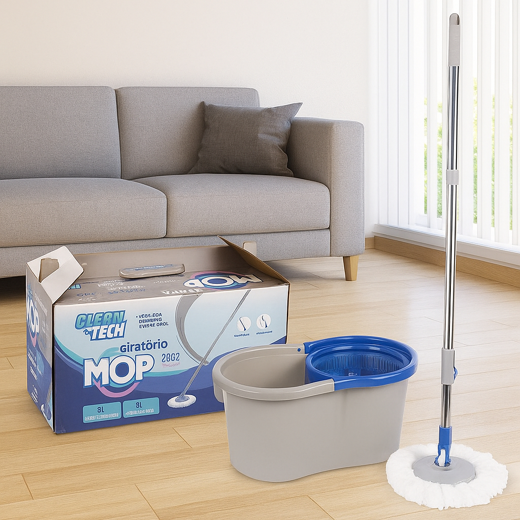 Mop Giratório Com Balde 8L  – Cabo Longo e Centrifugação Rápida Sem Esforço
