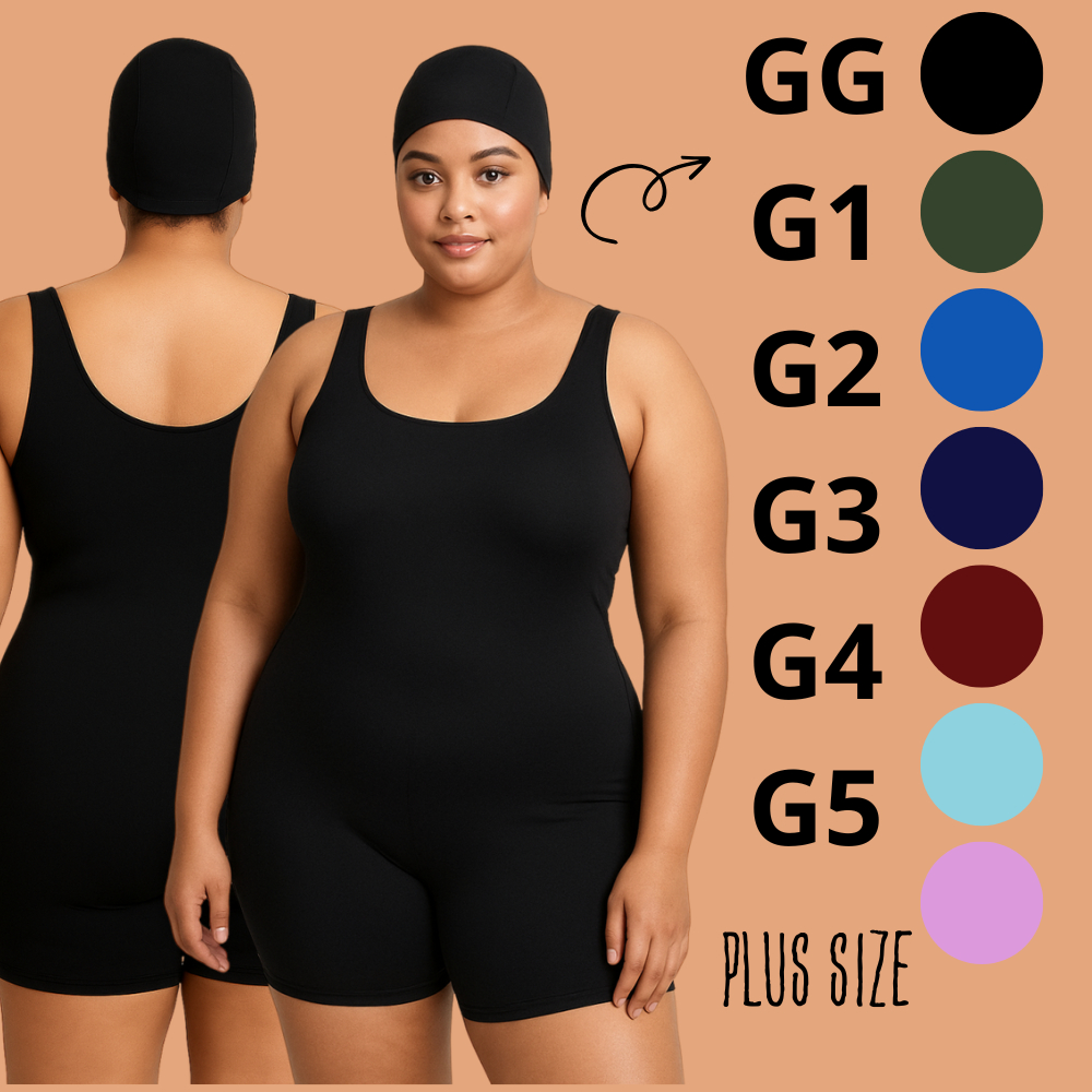 Maiô macaquinho de natação e hidroginástica Plus Size forrado feminino curto em suplex liso + TOUCA