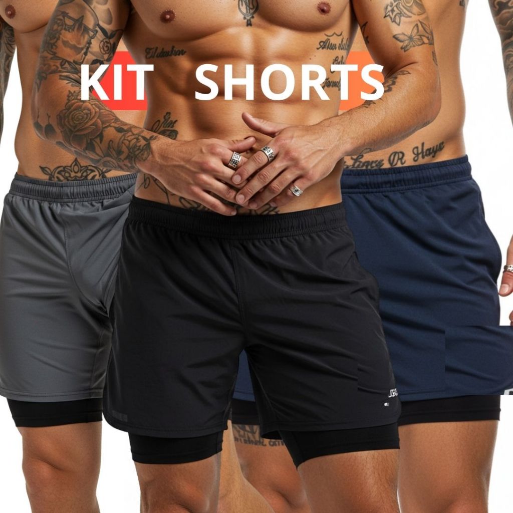 Kit 3 Shorts Bermuda 2 em 1 Para Academia