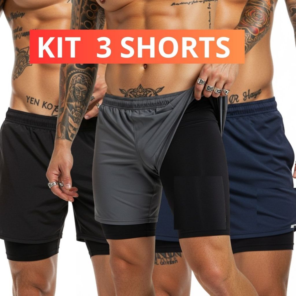 Kit 3 Shorts masculino 2 em 1 para treino e Academia