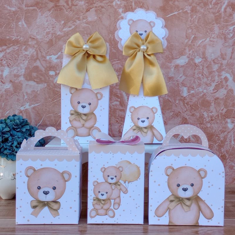 PEGUE E MONTE  Kit Festa Personalizados CHÁ REVELAÇÃO NEUTRO DOURADO E BRANCO Lembrancinhas Caixinhas