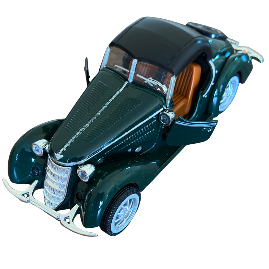 Miniatura de carro antigo em metal com portas que abrem carrinho verde escuro