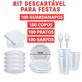 Kit Descartável Festa Completo com Pratos 15cm, Copos 200ml, Garfos, Guardanapos – Praticidade e Economia em Oferta na Shopee