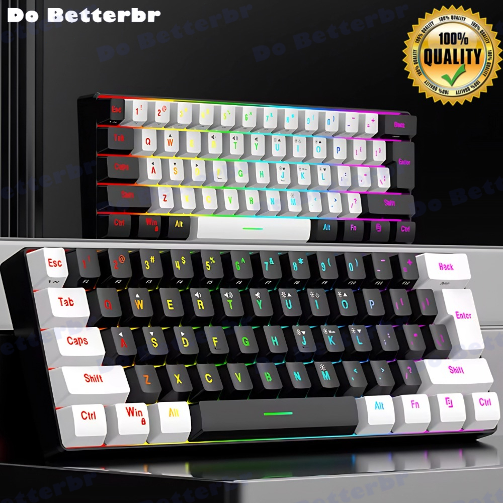 Teclado para jogos com fio 61-Key RGB Backlight Mini Compact USB-C Cabo de alimentação plugável