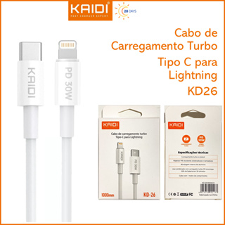 Cabo Carregamento Turbo 30W Tipo C para Lightning iPhone 1m KAIDI KD-26 em Oferta na Shopee
