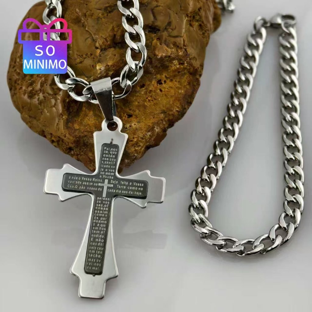 Colar de prata masculino elegante conjunto masculino: colar de prata com pingente de cruz e pulseira em Oferta na Shopee