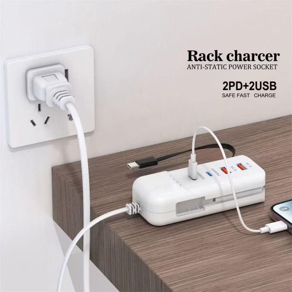 Carregador Multifuncional 4 Portas (2 USB + 2 Tipo C) – 66W Ultra Rápido, Tomada e Cabo Extensor