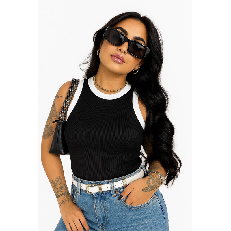 Regata Canelada Ribana Feminina Cropped Justa Academia Casual Verão Moda BICOLOR