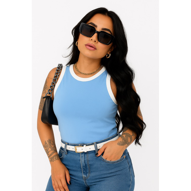 Regata Feminina Canelada Ribana Justa Básica Casual Verão Academia Moda Fitness Blusa Sem Manga BICOLOR