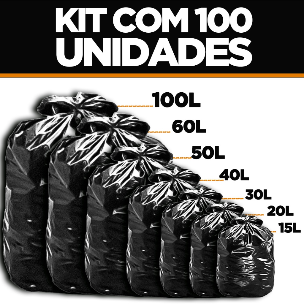 Saco de Lixo 100 unidades Resistentes - Tamanhos 10/15/20/30/40/50/60/100 Litros