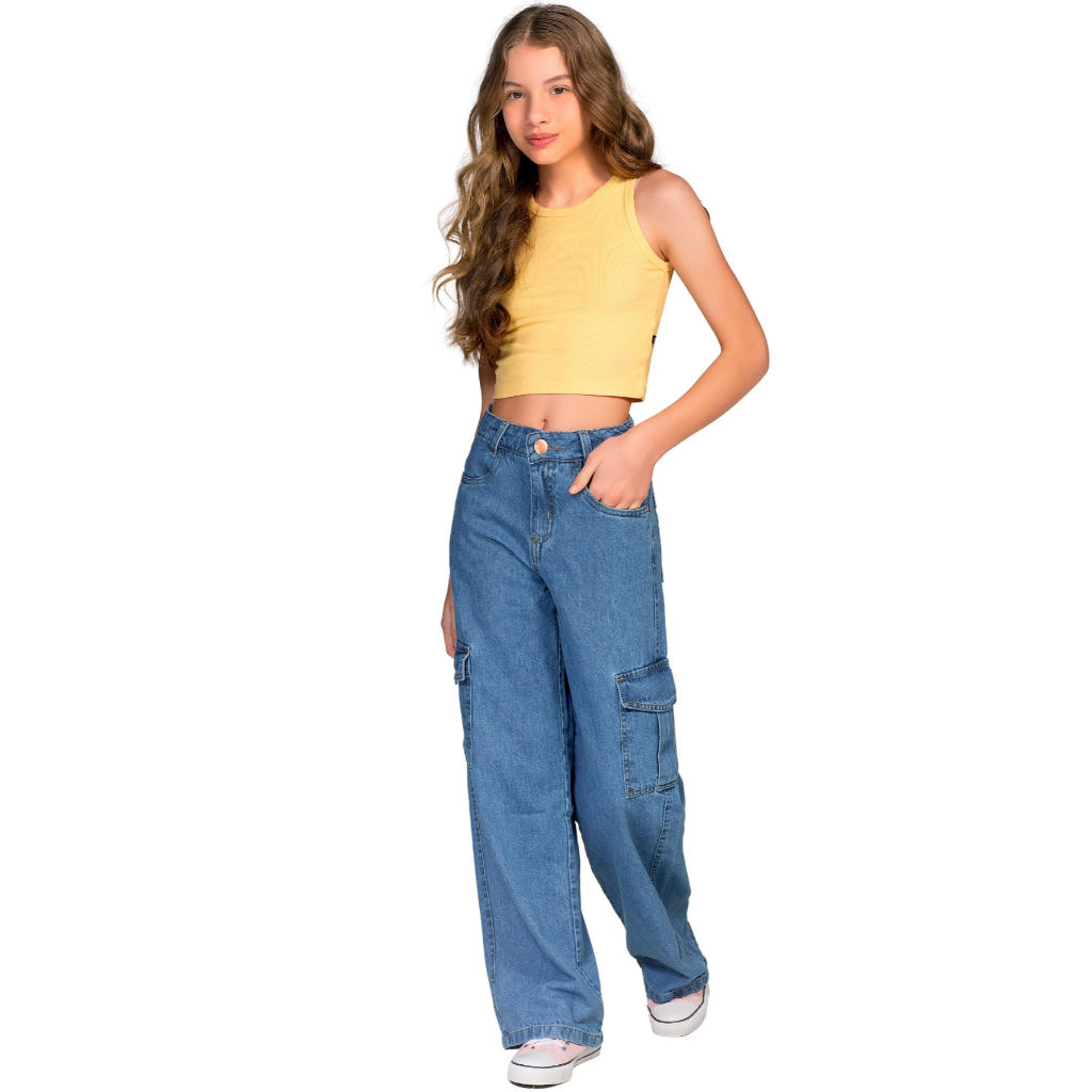 Calça Feminina Wide Leg Menina Juvenil Cargo Jeans Cintura Alta