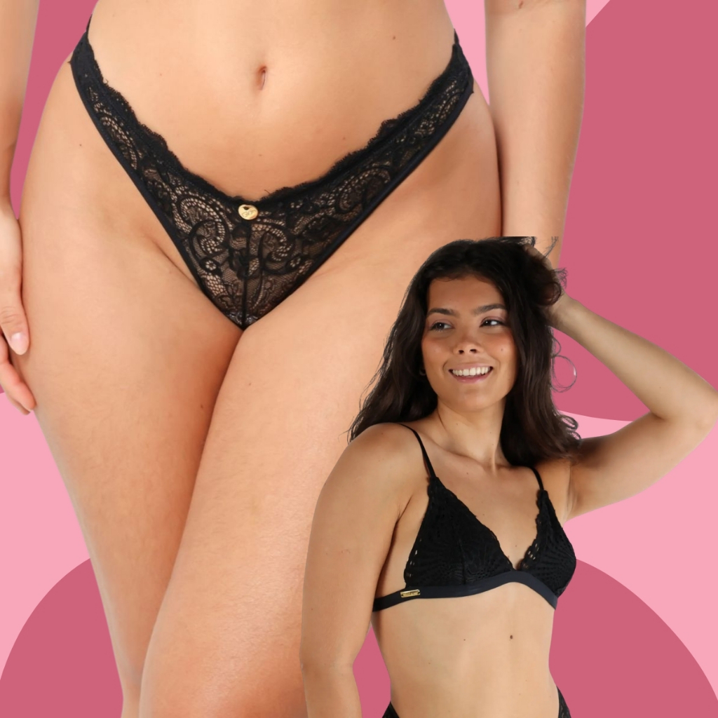 Conjunto Renda Sexy Sutiã Triângulo Sem Bojo em Renda + Calcinha Biquíni Malu Preto