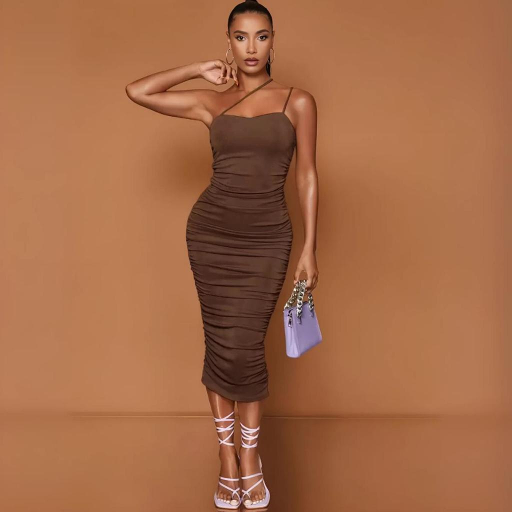 Vestido Midi Suplex Franzido – Alça Fina Assimétrica, Diversas Cores em Oferta na Shopee