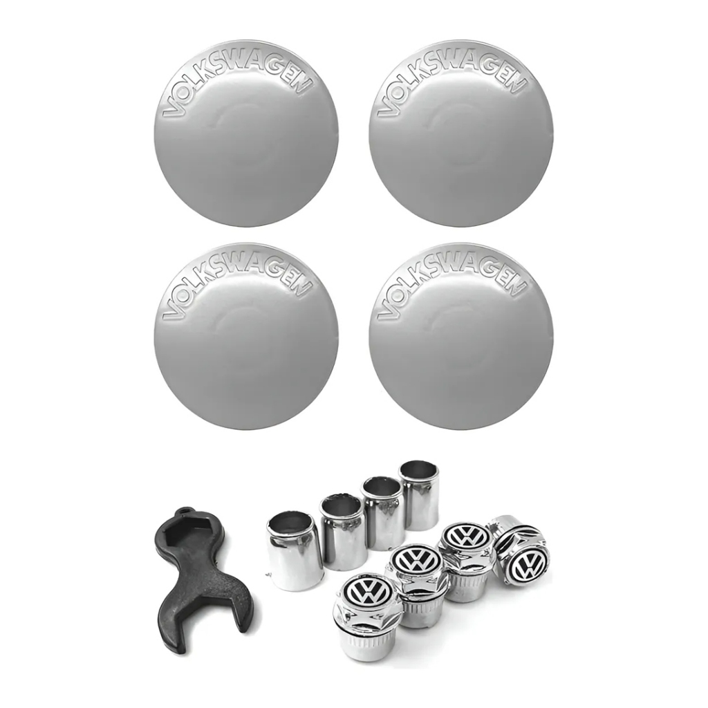 Kit Jogo Bico Pneu Volks e Centro Tampa Roda Orbital Aro 14 15 17 18