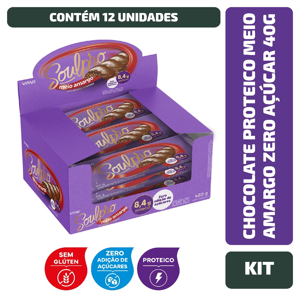 Kit Chocolate Proteico Meio Amargo Zero Açúcar Soulpro 40G - 12 Unidades
