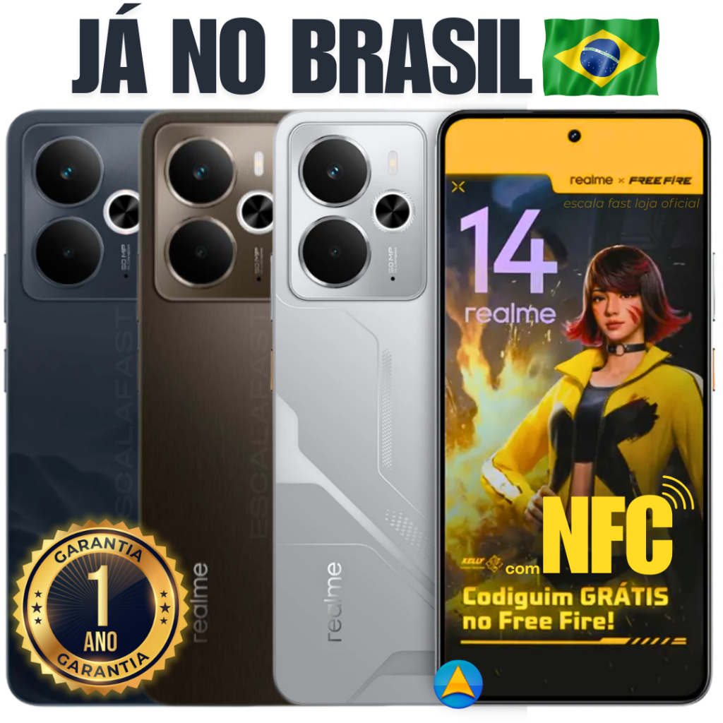 Novo Celular Smartphone Realme 14 5G com NFC 256/8GB de Ram ou 128/4GB Dual Chip 6.67" - 1 Ano de Garantia