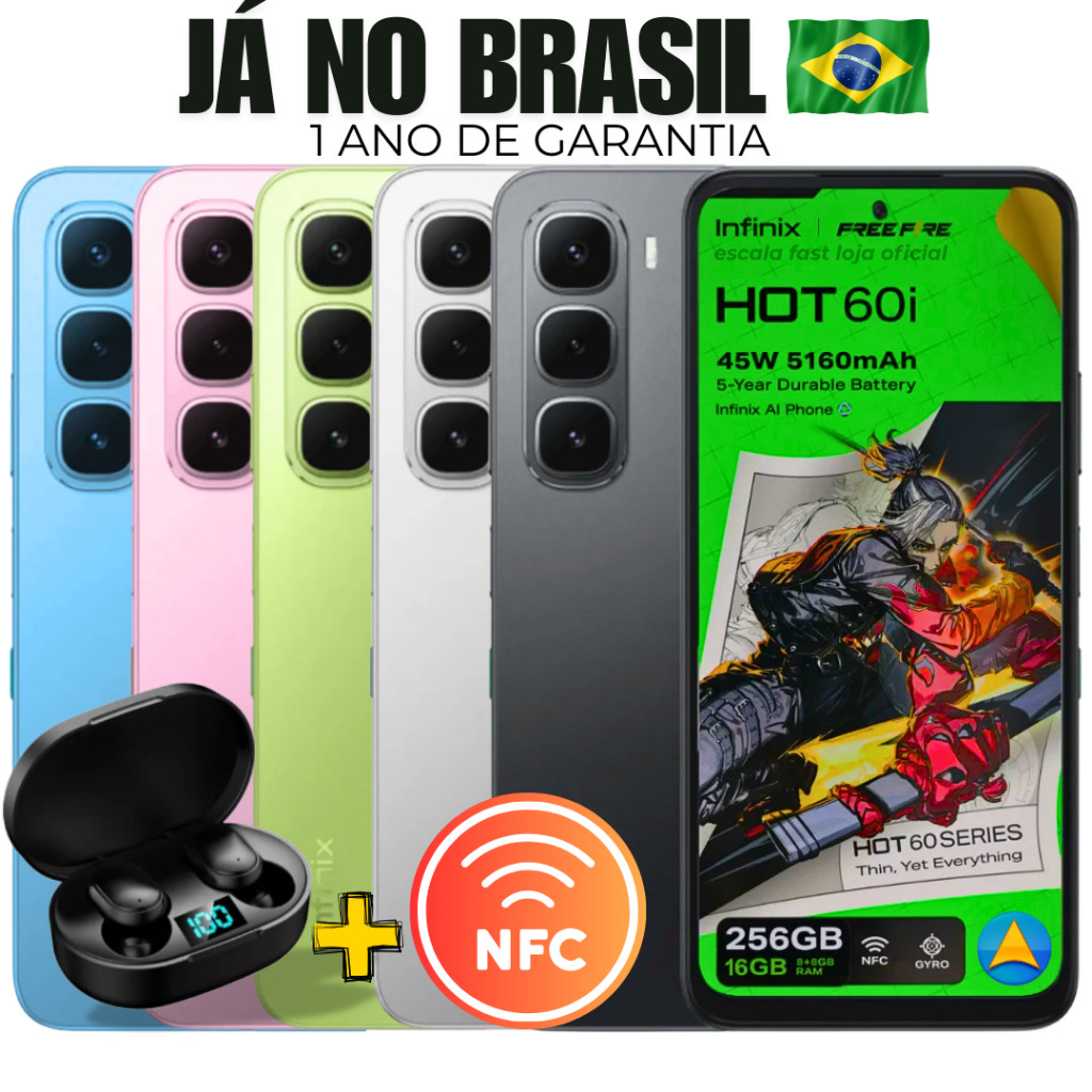 Celular Smartphone Infinix Hot 60i Com NFC 256GB 8GB de RAM Câmera 50MP Dual Sim Com 1 Ano de Garantia + Fone Sem Fio