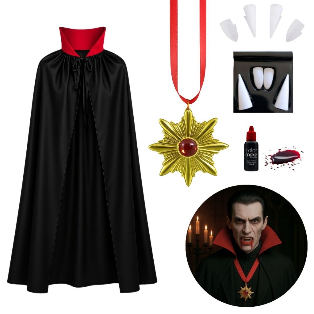 Kit Vampiro Drácula Cosplay Nosferatu Adulto Halloween Fantasia Capa Dente Presas Sangue Falso Colar
