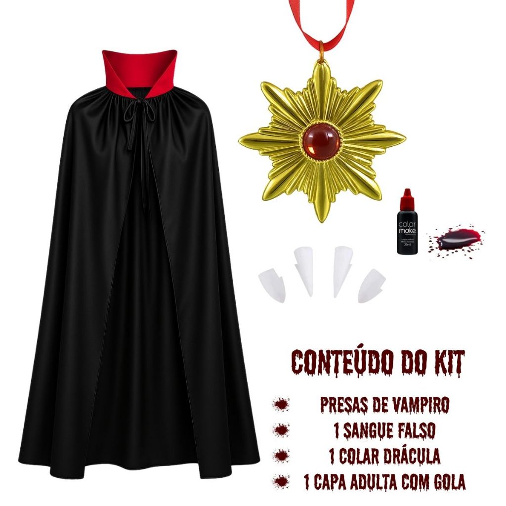 Kit Halloween Fantasia Vampiro Drácula Cosplay Nosferatu Adulto Capa Dente Presas Sangue Falso Colar