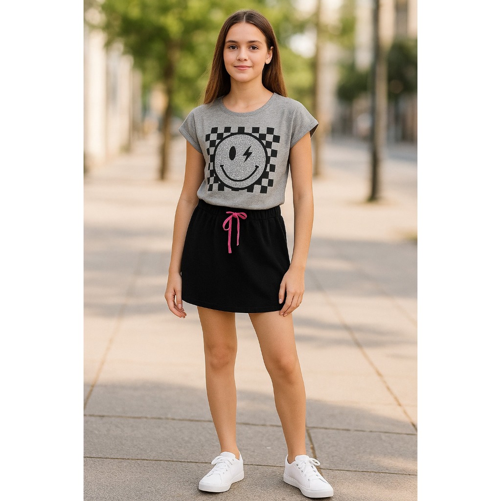 Conjunto Juvenil Feminino Cropped + Saia com Bolsos – Estampa Smile com Strass – 10 ao 14 anos