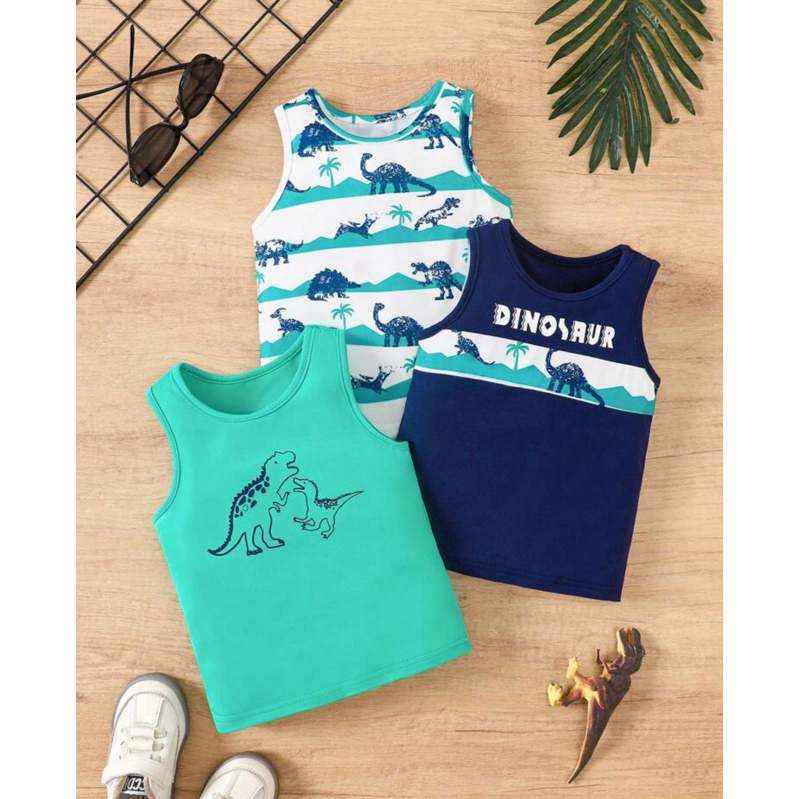 1 Regata bebê menino Casual com Estampa de Dinossauro Gola Redonda, Verão