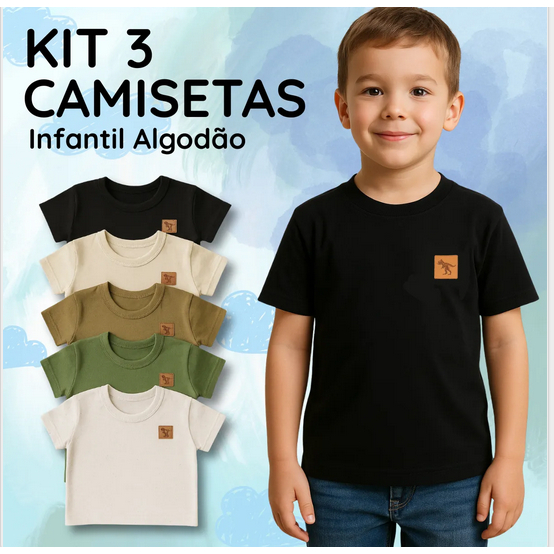 kit 3 camisa basica manga CURTA infantil MASCULINA com detalhe em courinho moda verão meninos