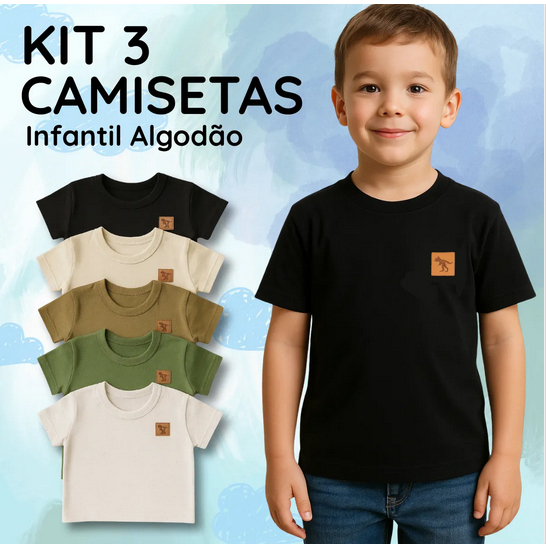 kit 3 camisa básica infantil MASCULINA manga CURTA com detalhe em courinho moda verão meninos
