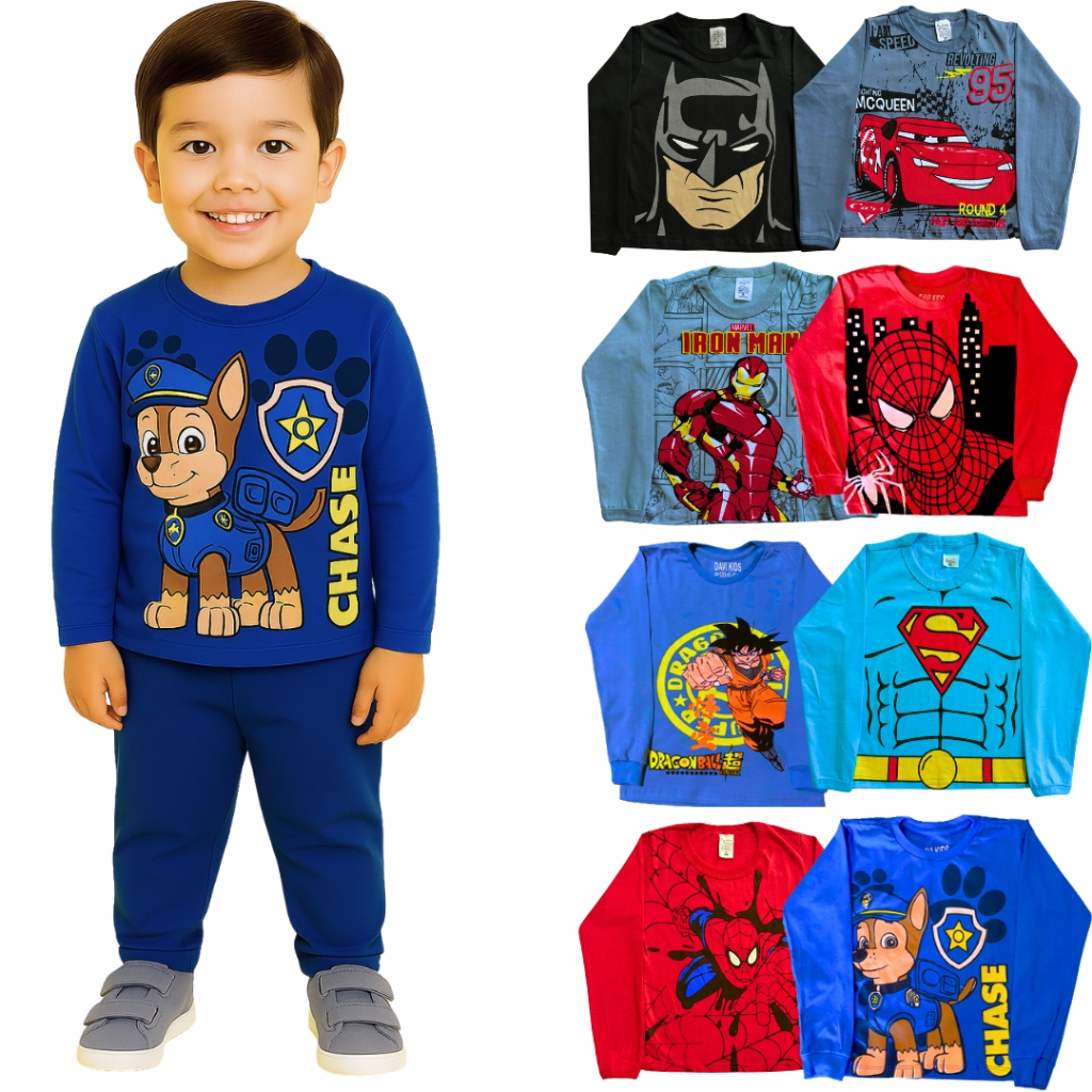 Kit Econômico 2 Camisetas Manga Longa Menino com Estampas Divertidas