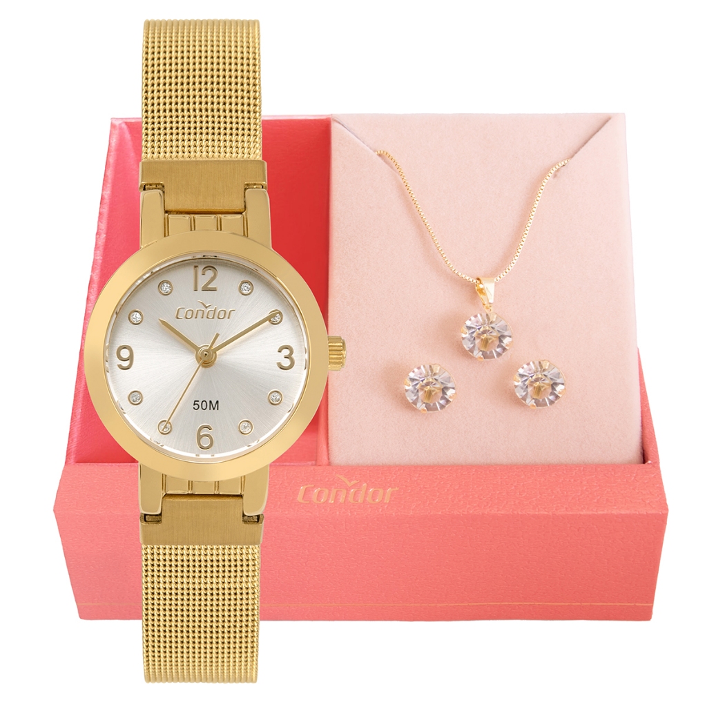 Relógio de Pulso Feminino Pequeno Condor Dourado Kit Colar e Brincos Mulher Namorada COPC21JFG/K4D