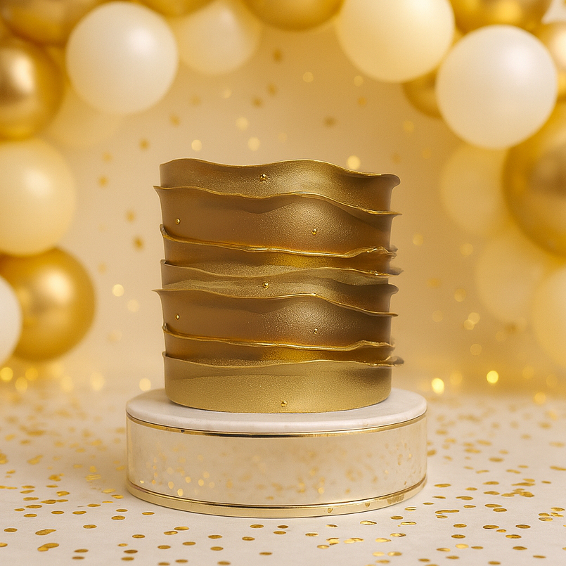 Bolo Fake Ruflado Dourado Gold Base Alta 20x20 Cm Super Luxo