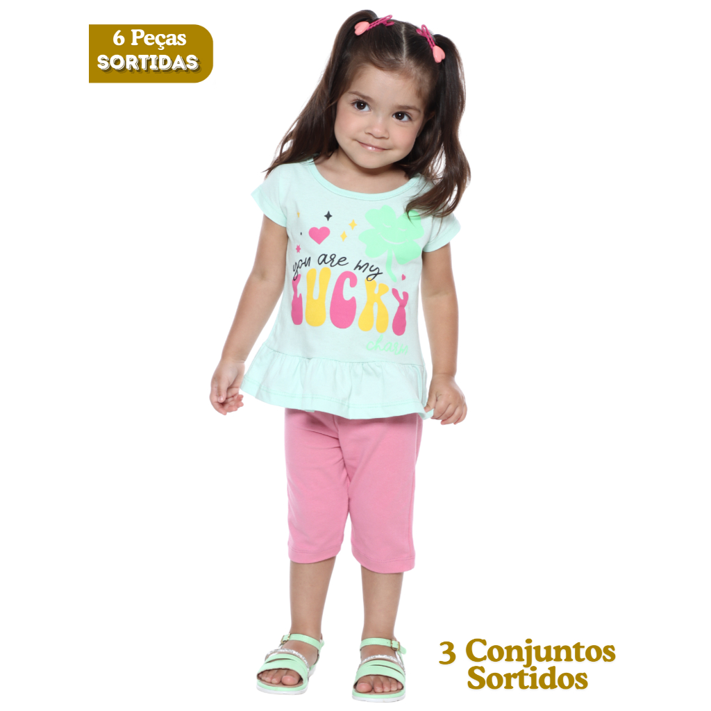 Kit Sortido 6 Peças de Roupas Infantil Menina Feminino ou Masculino Verão Pascoa 3 Camisetas e 3 Bermudas