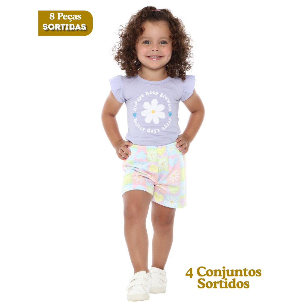 Kit Sortido 8 Peças de Roupas Infantil Menina Feminino ou Masculino Verão Pascoa 4 Camisetas e 4 Bermudas