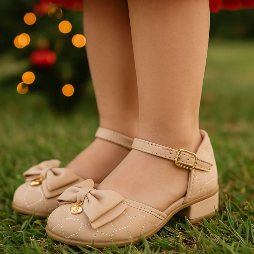 Sandália Infantil Feminina Saltinho Menina Confortável Casamento Daminha Branco e Nude