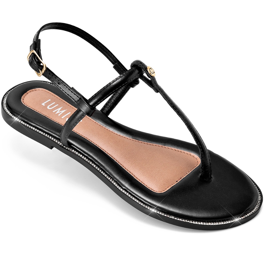 Sandália Rasteira Feminina Lumiss Confortável Fivela Strass Tira De Dedo Preto em Oferta na Shopee