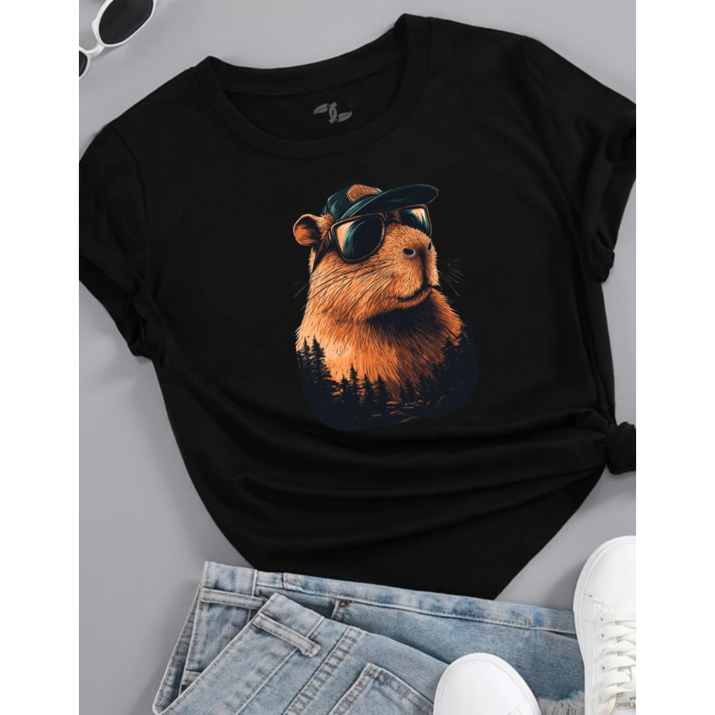 Camiseta Feminina T-Shirt Estampada Capivara de Óculos Estilosa Moda Despojada 100% Algodão Adulto e Infantil